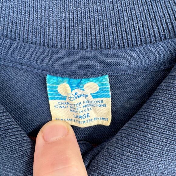 Vintage 80's Disney Mickey Mouse Striped Polo Shirt Men's Large Navy Blue/Red - Picture 9 of 11